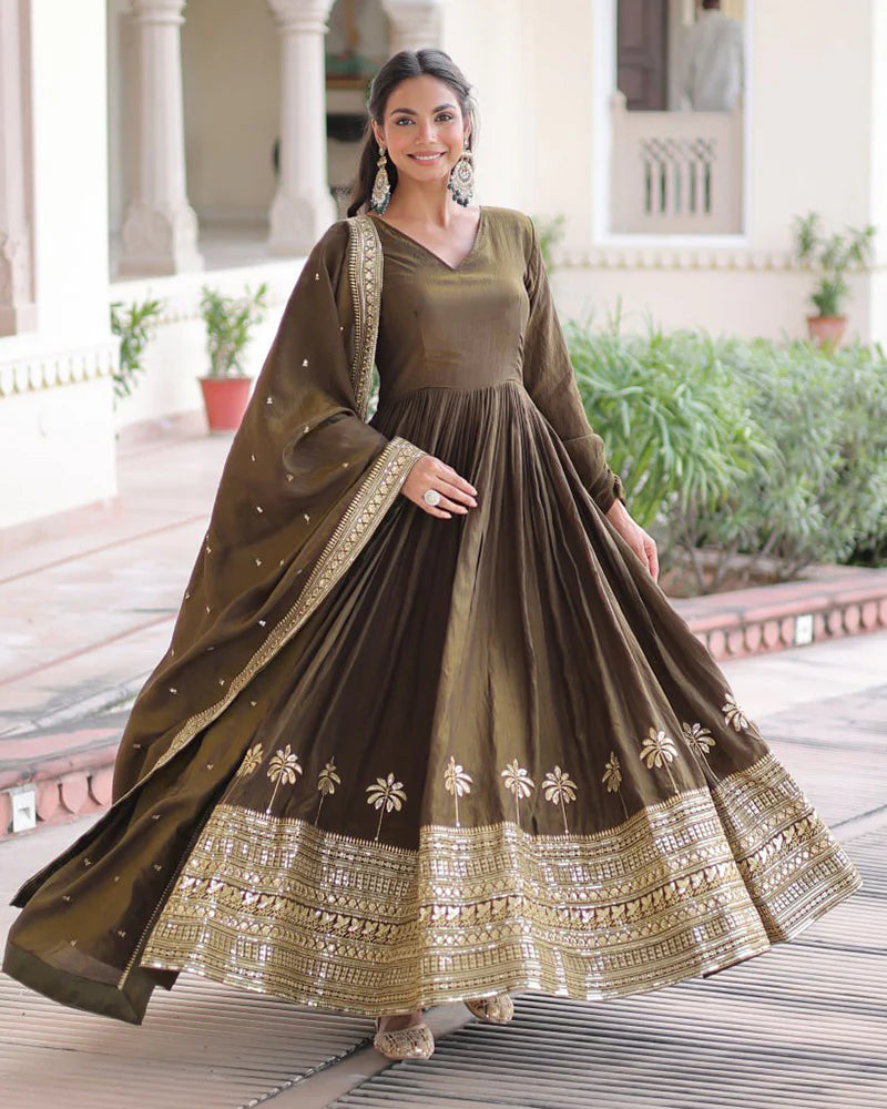 Womenline Mehndi Olive Color Vichitra Silk Sequence Embroidered Gown