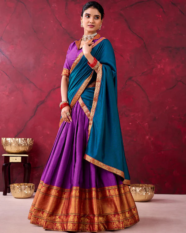 Womenline South Indian Style Purple Color Narayan Pet Cotton Half Saree