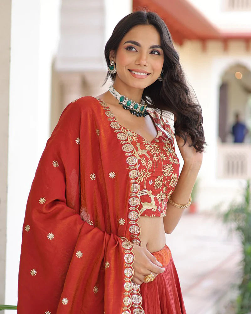 Womenline Red Color Vichitra Silk Sequence Embroidered Lehenga Choli