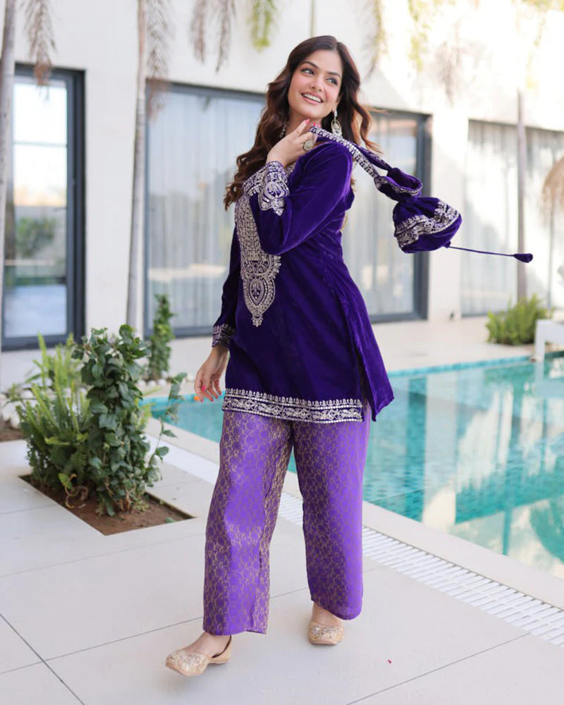 Womenline Purple Color Velvet Embroidered Kurti Suit
