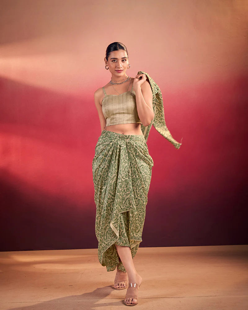 Womenline Pista Green Printed Jacket Style Indo-Western Co-Ord Set