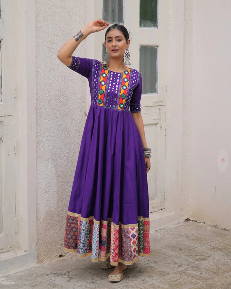 Womenline Colorful Border Purple Color Roman Silk Gamthi Work Navratri Gown