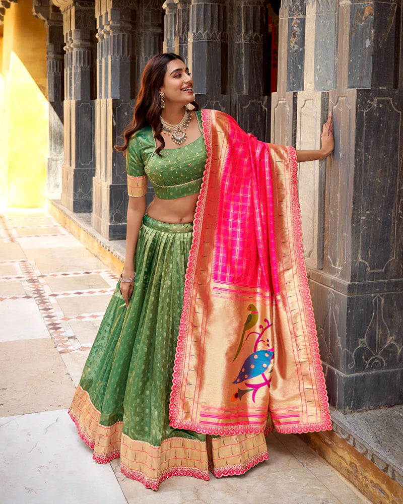 Womenline Green Color Shimmer Organza Silk Lehenga Choli