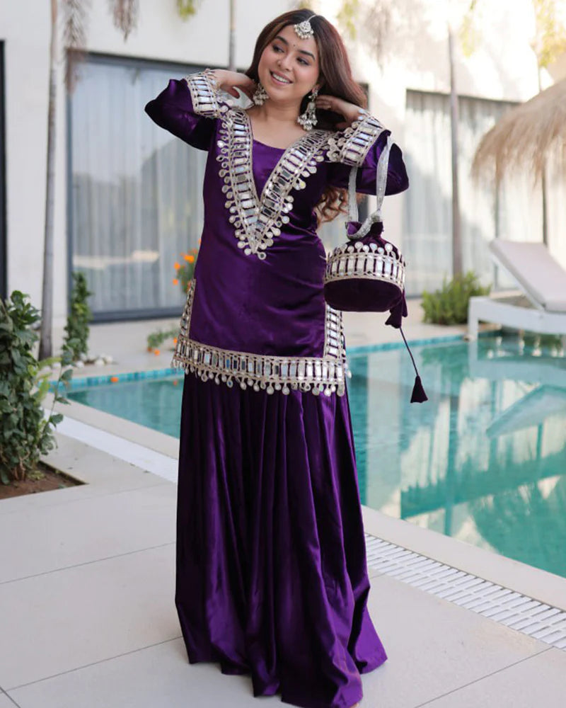 Womenline Deep Violet Color Ice Velvet Embroidered Plazzo Suit