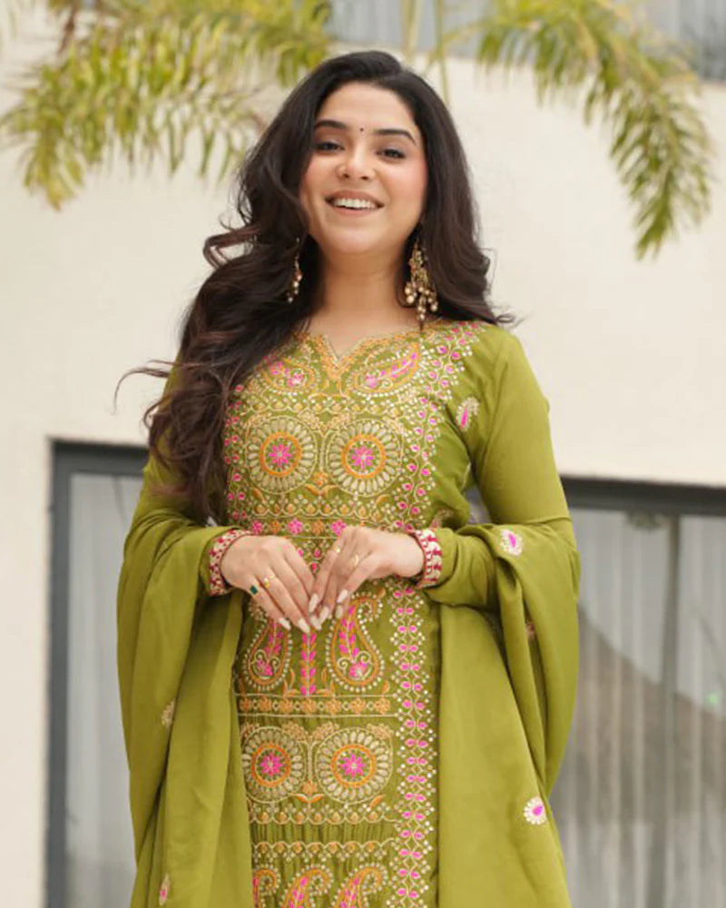 Womenline Parrot Color Chinon Embroidered Kurti Suit