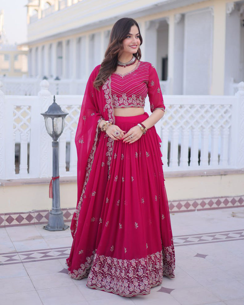 Womenline Cherry Rose Color Blooming Embroidered Lehenga Choli