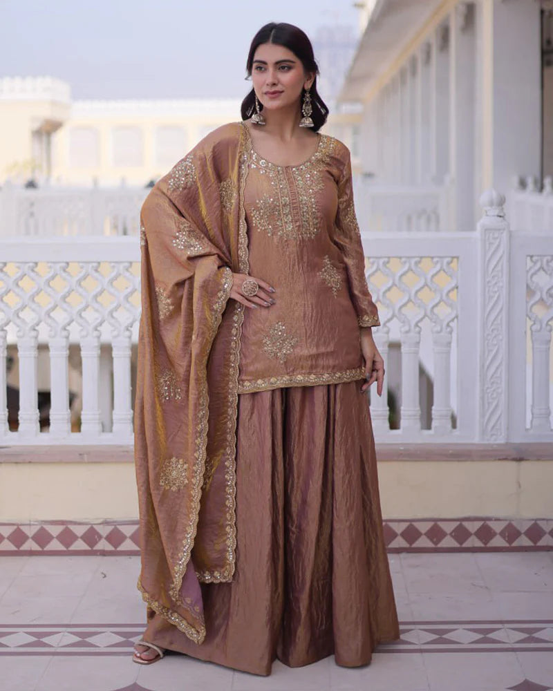 Womenline Chikoo Color Fendi Crush Embroidered Plazzo Suit