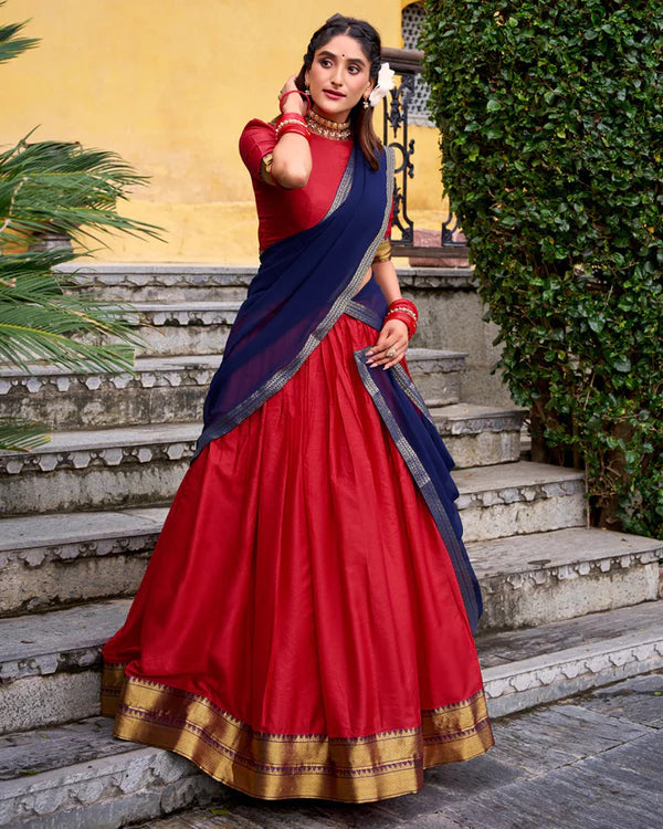 Womenline Designer Red Color Poly Cotton Half Saree