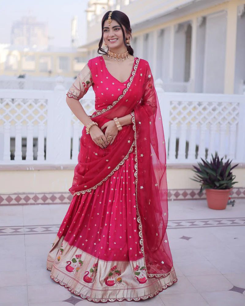 Womenline Pink Color Dola Silk Embroidered Lehenga Choli