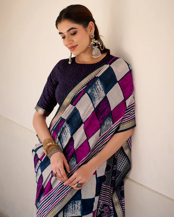 Womenline Navy Blue Color Polyester Chanderi Printed Saree
