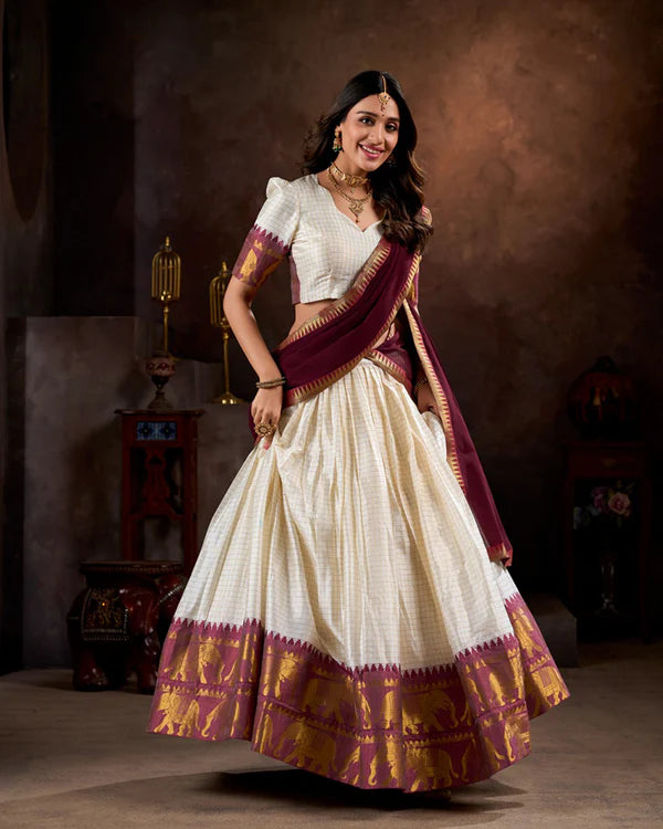Womenline White And Maroon Color Poly Cotton Chex Onam Half Saree