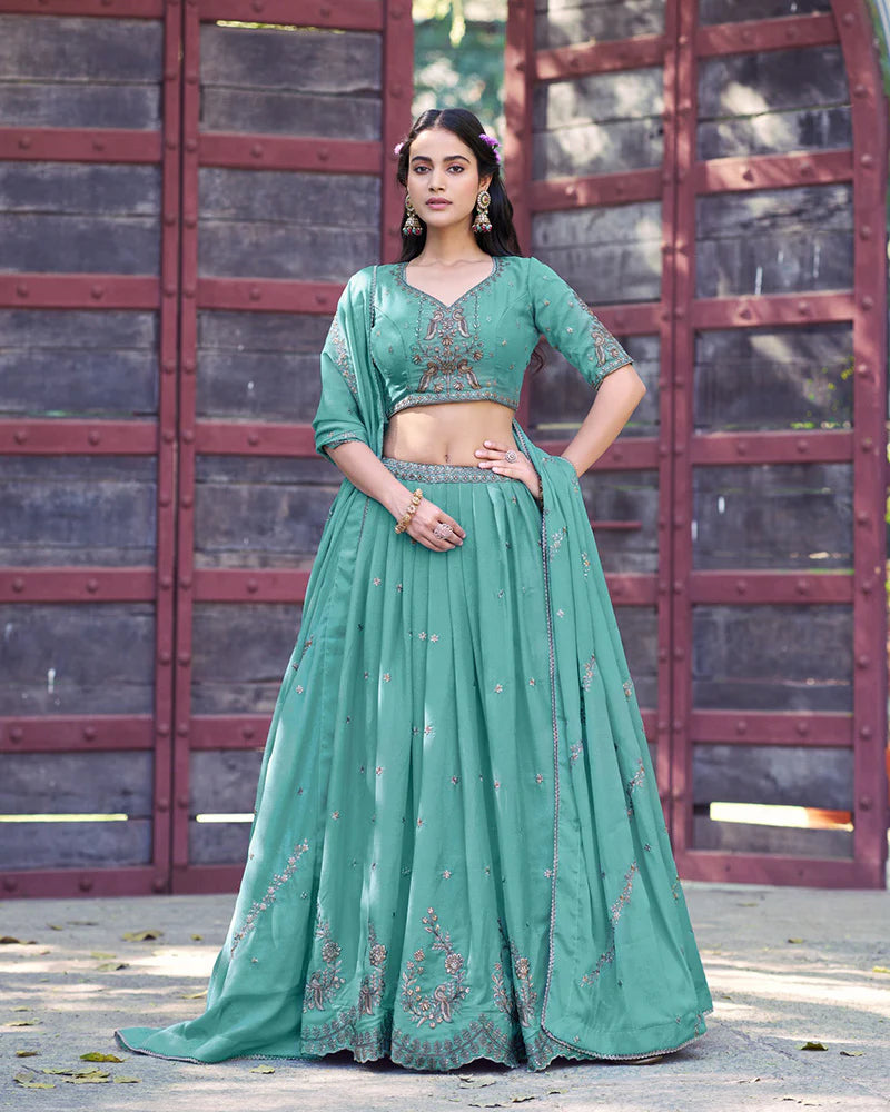 Womenline Sky Blue Color Star Georgette Embroidered Lehenga Choli