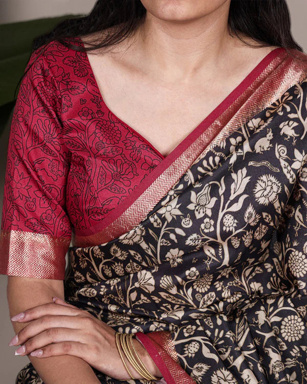 Womenline Black Color Designer Tasar Silk Printed Saree