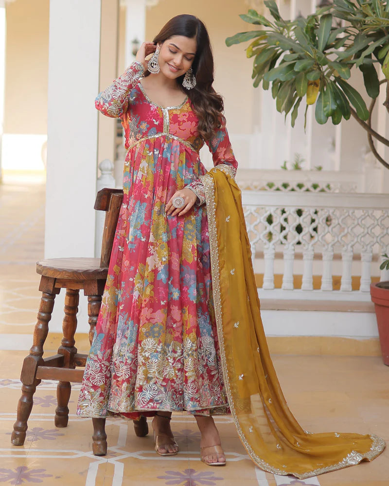 Womenline Wedding Wear Floral Embroidered Red Color Alia Cut Gown With Dupatta