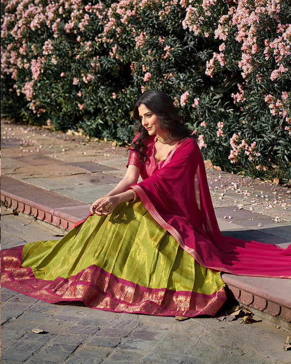 Womenline Pista Color Kanchipuram Silk Designer Half Saree