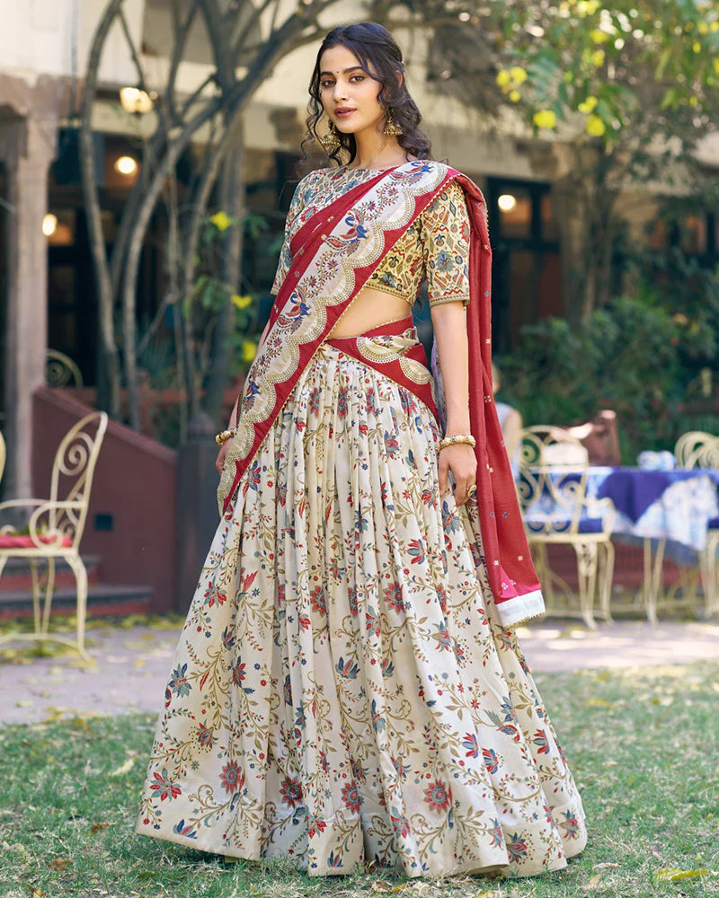 Womenline Off-White Color Tasar Silk Foil Printed Lehenga Choli