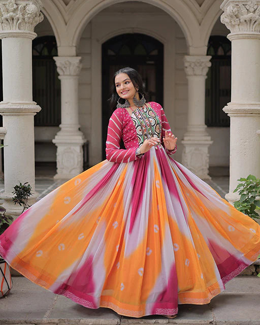 Womenline Pink Color Faux Georgette Bandhej Print Navratri Gown