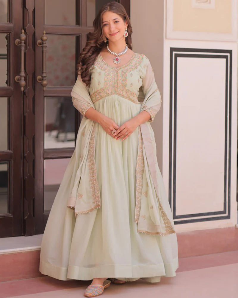 Womenline Pista Color Star Georgette Embroidered Gown