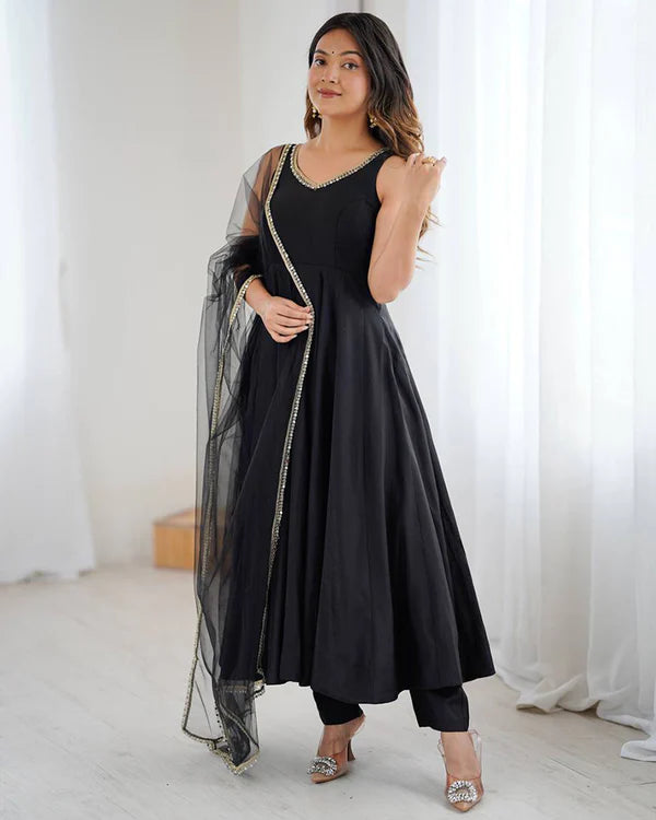 Womenline Black Color Chanderi Pure Roman Silk Anarkali Suit