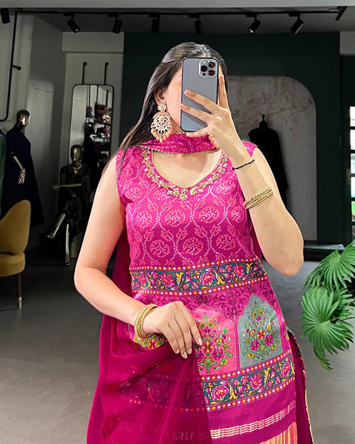 Womenline Pink Color Gaji Silk Three Piece Plazo Suit