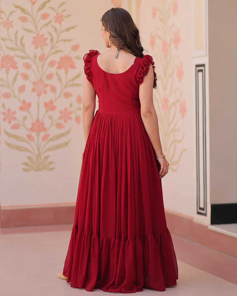 Womenline Red Color Faux Blooming Embroidered work Gown