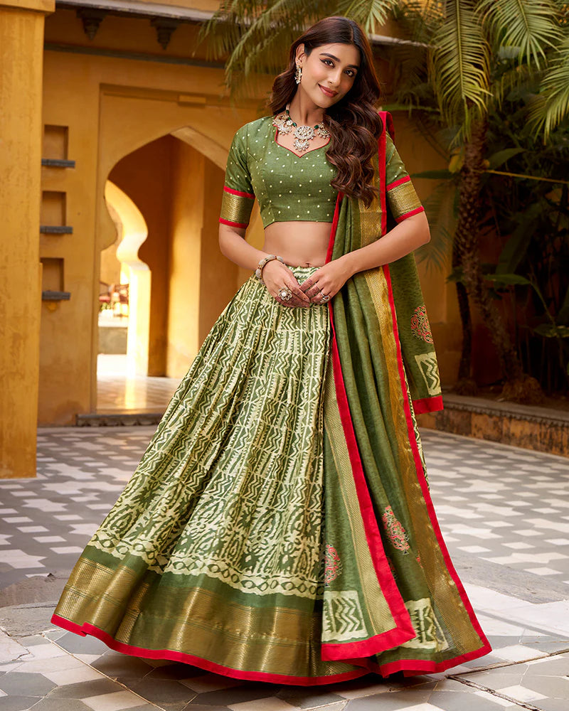 Womenline Mehndi Color Dola Silk Batik Printed Lehenga Choli