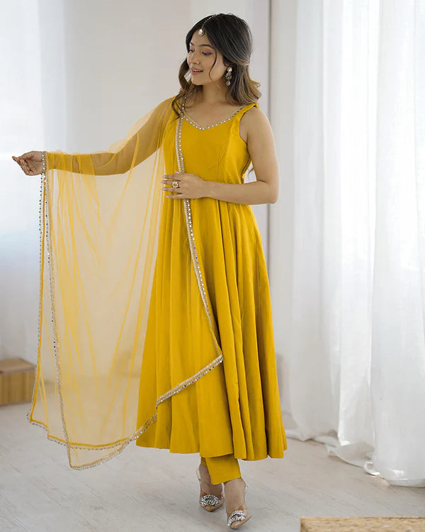 Womenline Yellow Color Chanderi Pure Roman Silk Anarkali Suit