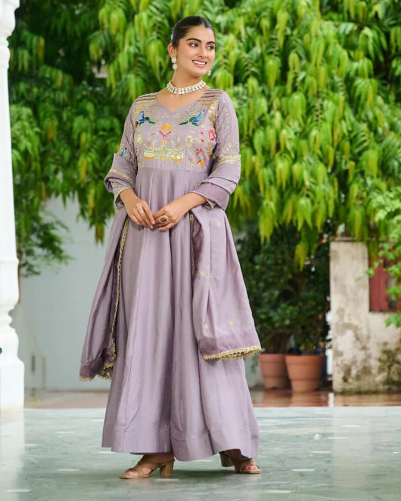 Womenline Lavender Color Vichitra Silk Sequence Embroidered Gown