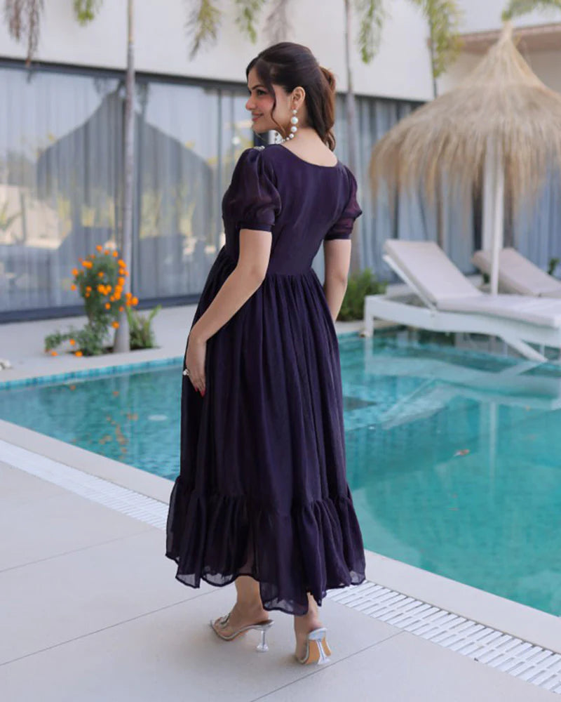 Womenline Dark Purple Color Fendi Silk Beads Embroidered Gown
