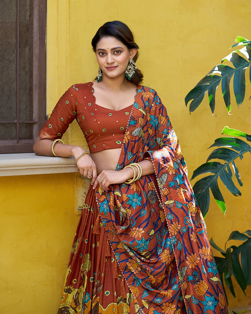 Womenline Rust Orange Color Tussar Silk Kalamkari Printed Lehenga Choli