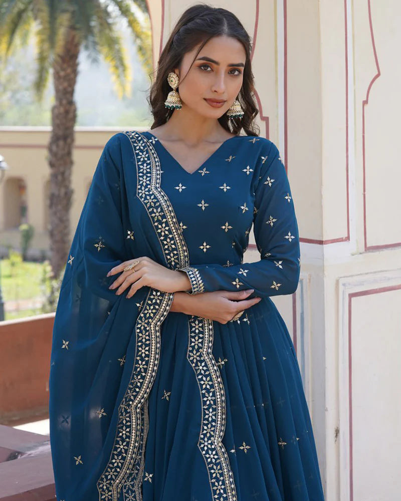 Womenline Rama Color Full Flair Anarkali Gown With Embroidered Dupatta