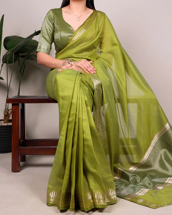Womenline Olive Green Color Cotton Silk Zari Weaving Saree