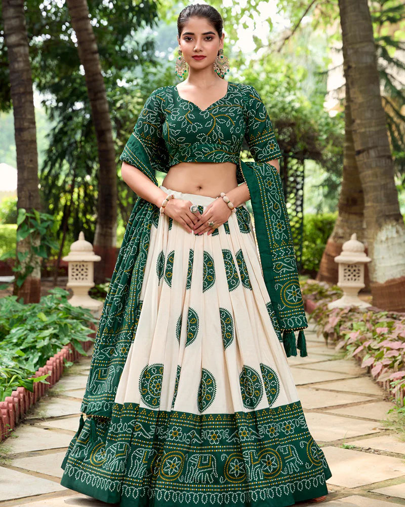 Womenline Green Color Tussar Silk Bandhej Printed Lehenga Choli