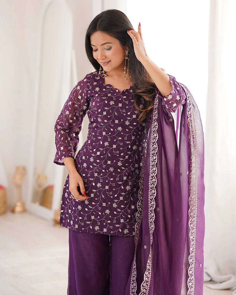 Womenline Dusty Mauve Color Crunchy Silk Embroidered Plazzo Suit