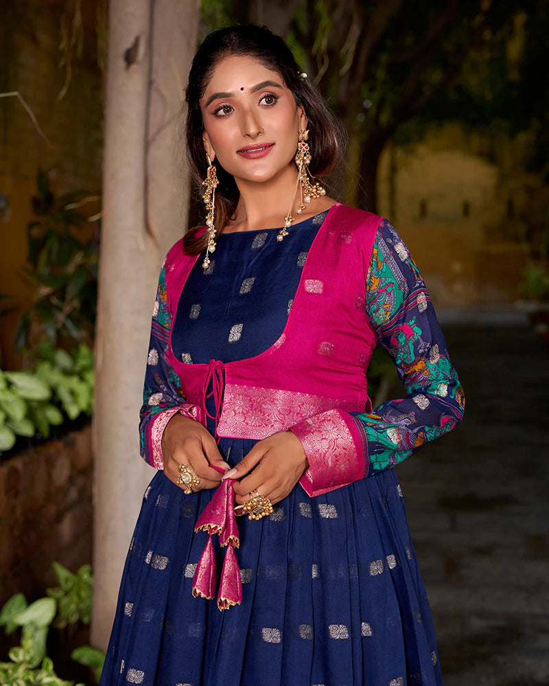 Womenline Elegant Navy Blue Color Poly Cotton Gown With koti