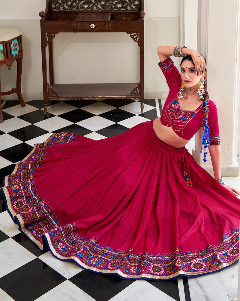 Womenline Pink Color Tussar Silk Full Stitched Navratri Lehenga Choli