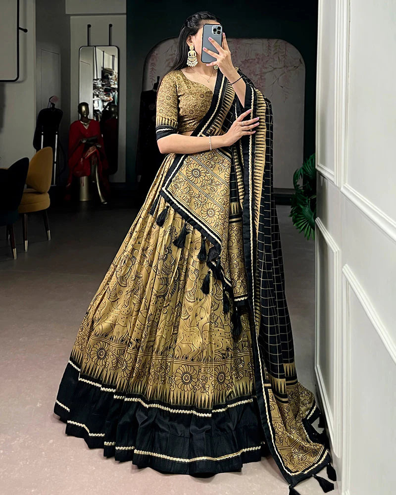Womenline Gold Color Tasar Silk Kalamkari Printed Lehenga Choli
