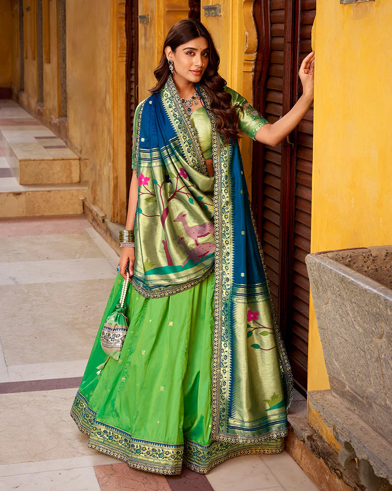 Womenline Parrot Green Color Soft Silk Paithani Lehenga Choli