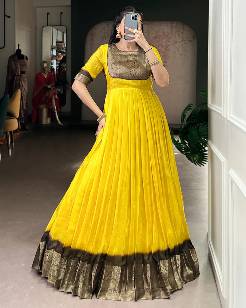 Womenline Yellow Color Mass Mello Zari Weaving Gown