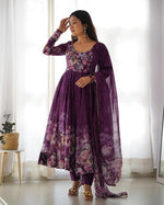 Womenline Wine Color Floral Print Organza Three Piece Anarkali Suit