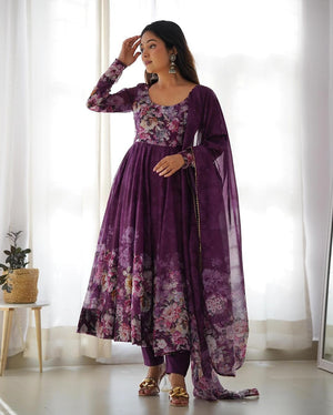Womenline Wine Color Floral Print Organza Three Piece Anarkali Suit
