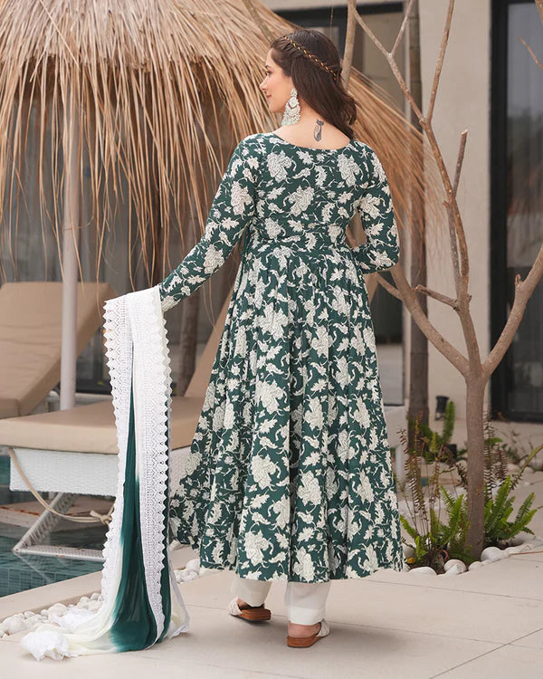 Womenline White And Green Color Floral Printed Cotton Anarkali Suit