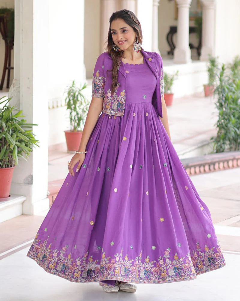 Womenline Purple Color Vichitra Silk Embroidered Gown