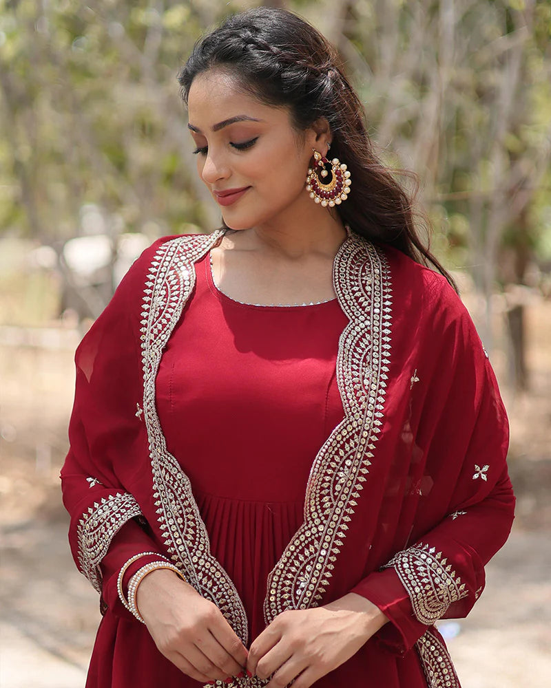 Womenline Maroon Color Designer Embroidered Gown With Dupatta