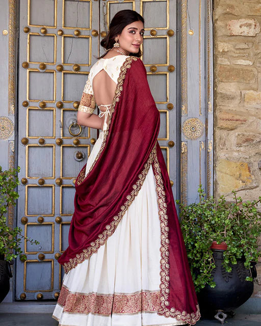 Womenline Off White Color Vichitra Silk Sequins Lehenga Choli
