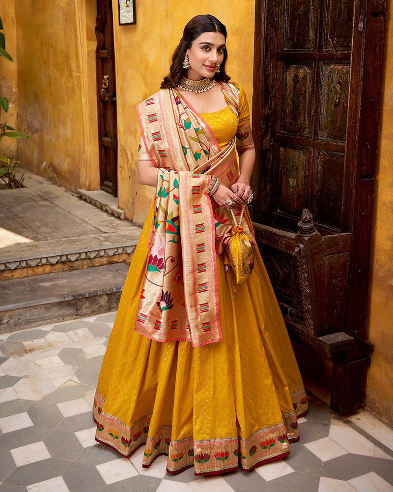 Womenline Mango Color Paithani Silk Zari Weaving Lehenga Choli