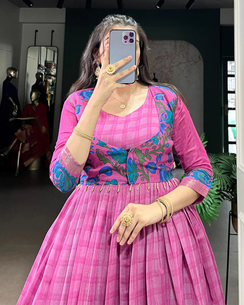 Womenline Pink Color Viscose Chanderi Printed Gown