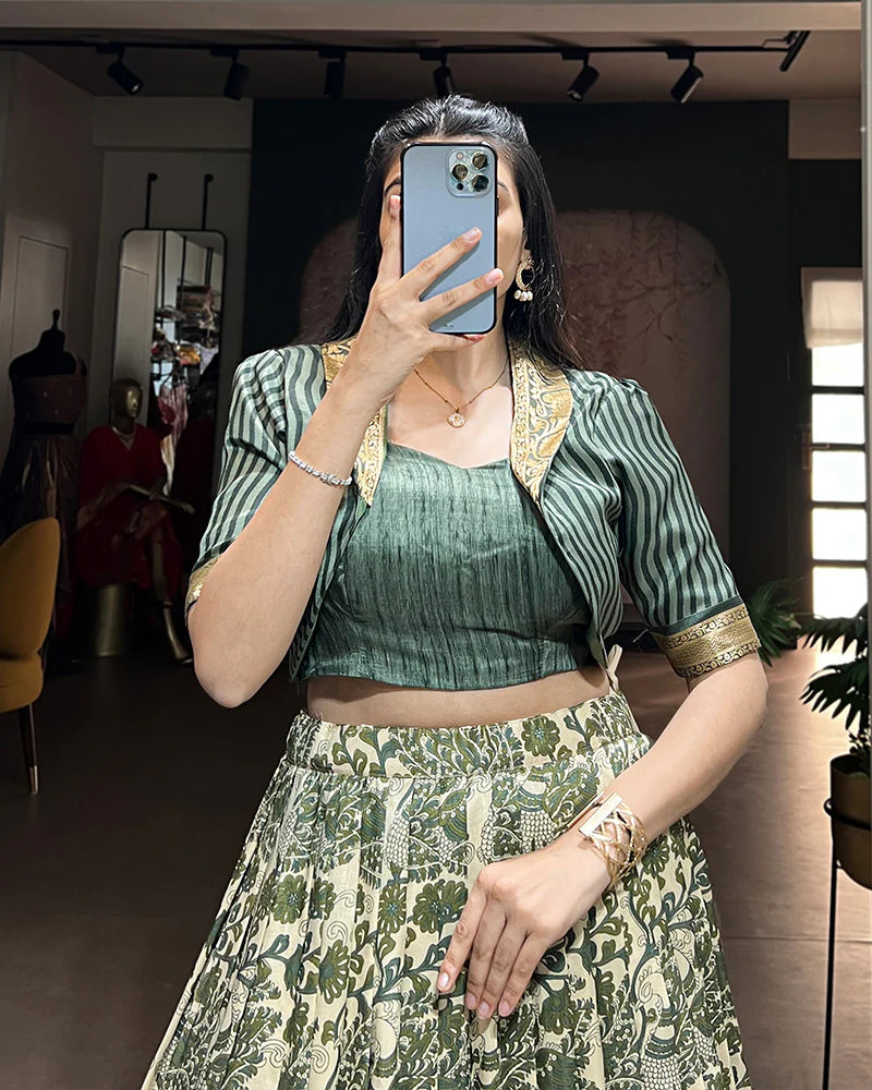 Womenline Green Color Tasar Silk Viscose Printed Lehenga Choli