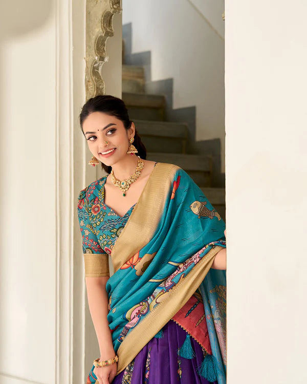 Womenline Purple Color Dola Silk Designer Kalamkari Print Half Saree