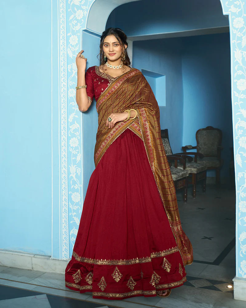 Womenline Elegant Maroon Embroidered Vichitra Silk Lehenga Choli